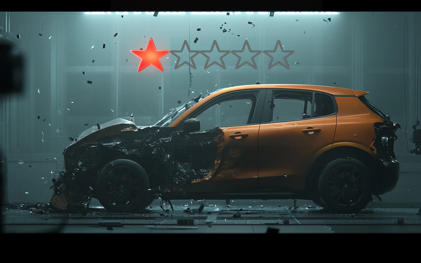Photograph of a car after a crashtest